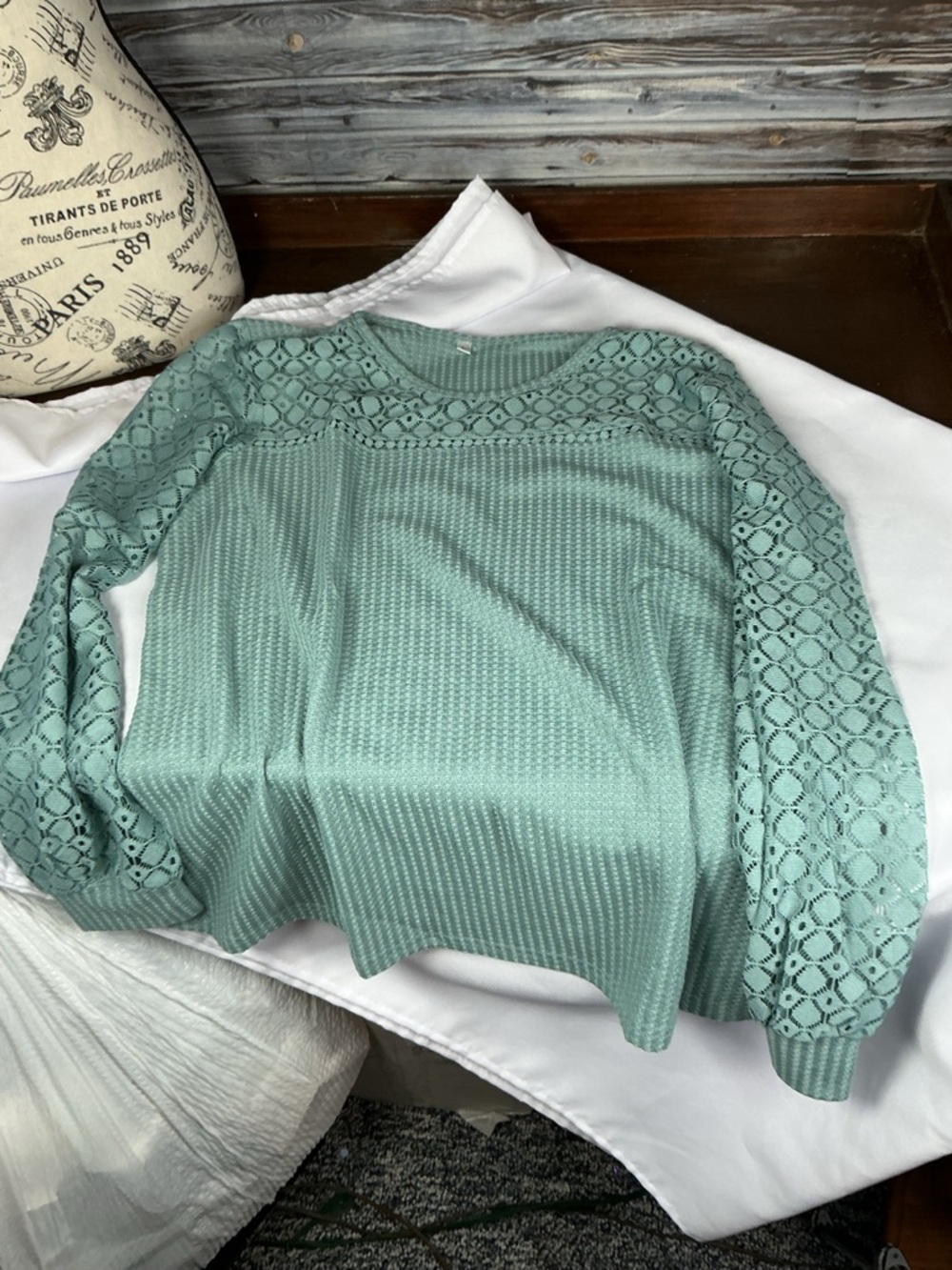⭐ Teal Waffle Knit Top Lace Sleeves Boho Casual Oversized Large - Picture 2 of 5